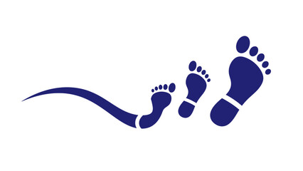 A stylized illustration of three dark blue footprints of varying sizes connected by a wavy line on a white background.