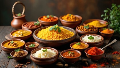 Obraz premium Aromatic Indian food feast on rustic wooden table. Assortment of colorful dishes like spicy curry, rice, dal in clay bowls. Traditional vegetarian cuisine from India for dinner.
