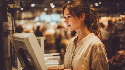 Woman Using Self-Checkout in Modern Store with Warm Lighting