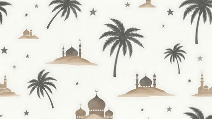 Obraz premium Decorative pattern featuring palm trees and mosque buildings with stars on a light background for ramadan celebration and design