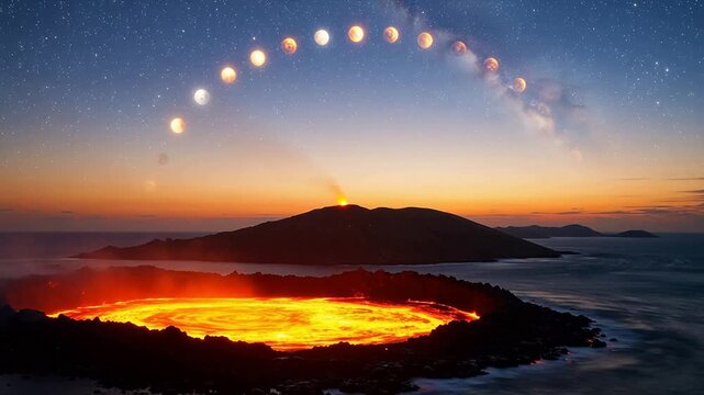 volcano erupting near ocean with moon phases