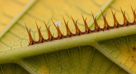 Aggressive Spines: Nature's Intricate and Threatening Leaf Defense.
A dramatic macro photograph capturing the intense detail of a plant's robust defense mechanism