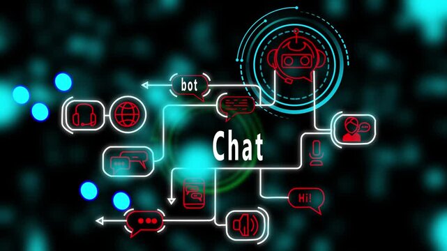 Chat futuristic AI interface animation with neon communication paths, smart chatbot icons, digital network flow, modern tech diagram for advanced projects