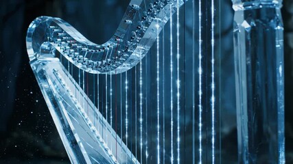 Close Up of Crystal Harp With Glowing Strings Shimmering Light