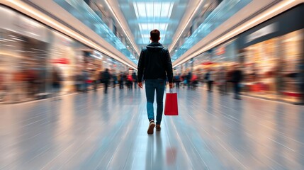 Black Friday Day after Thanksgiving A person strolls through a busy shopping mall, holding a shopping bag amidst blurred crowds.