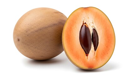 Whole and halved sapodilla fruit isolated on white background