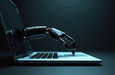 Robotic arm extends from laptop keyboard. Mechanical hand types on computer. Futuristic automation concept, digital interface, advanced tech progress.