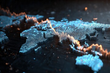 Holographic Projection of Global Economy Map in Decline, Futuristic Cinematic Style