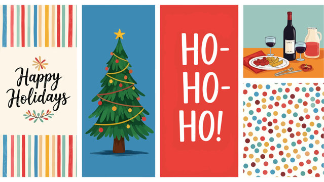 A festive collage featuring a "Happy Holidays" greeting, a decorated Christmas tree, "HO HO HO" text, and a holiday meal with wine.