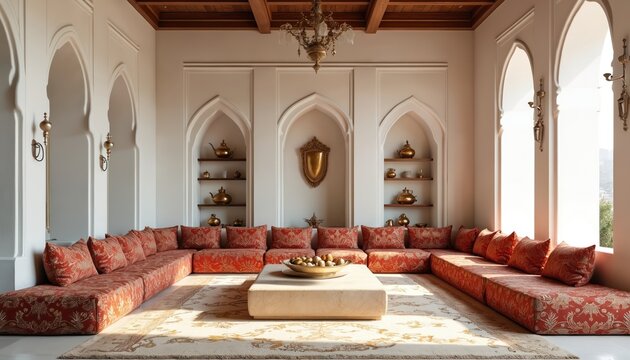 Elegant Arabic majlis interior features ornate archways, plush floor seating with intricate red cushions, golden decorative accents. Low coffee table holds bowl of fruits in spacious, well-lit room.