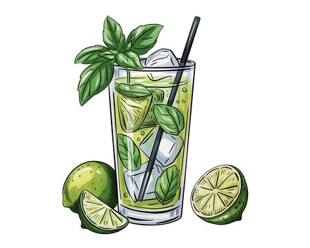 Refreshing mojito cocktail with lime and mint illustration