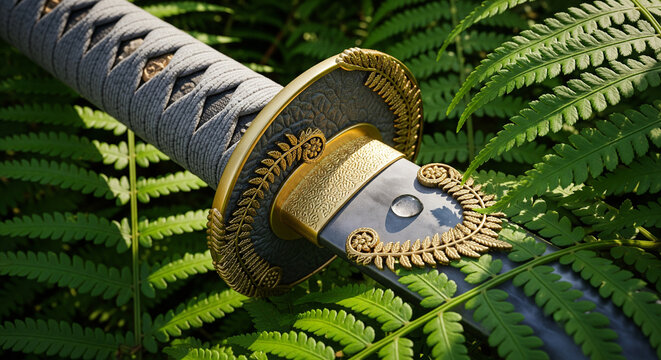 Detailed Close-up of Japanese Katana Sword Guard Nestled in Ferns.
An extreme close-up shot focusing on the hilt and tsuba (guard) of a finely crafted Japanese Katana sword