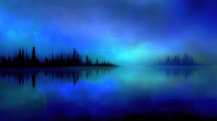 Fototapeta premium Misty Blue Lake with Silhouetted Trees - Serene Nature Scene for Backgrounds and Decor