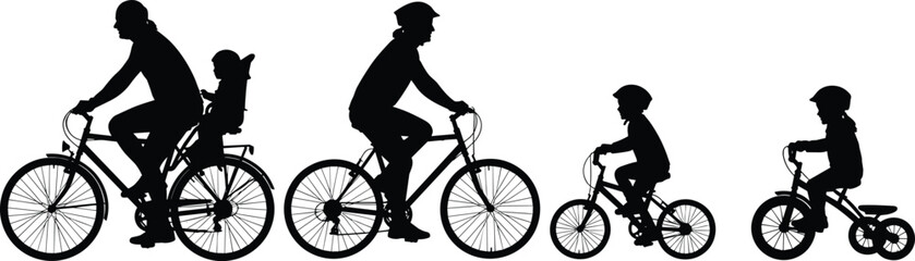 Family Cycling Silhouettes Vector Illustration, Featuring Parents and Children Riding Bicycles, Including Bike Seats and Tricycles, Representing Healthy Lifestyle, Outdoor Activity, and Family Time 