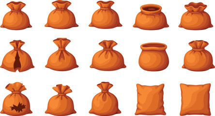 Set of Cartoon Brown Hessian Sacks and Bags in Various Shapes, Open and Closed, for Storing Grain, Flour, Money, or Treasure Vector Illustration