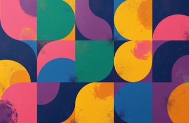 Abstract geometric pattern forms retro background. Bright colors like pink, green, yellow, blue, purple create modern groovy texture. Vibrant design features circles, curved shapes, offering dynamic