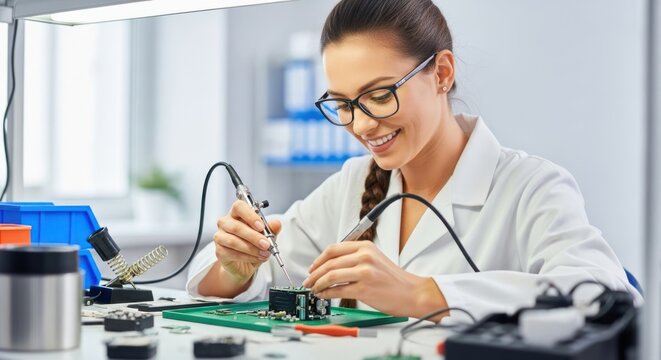 A smiling woman in a lab coat, working on a circuit board with a soldering iron.