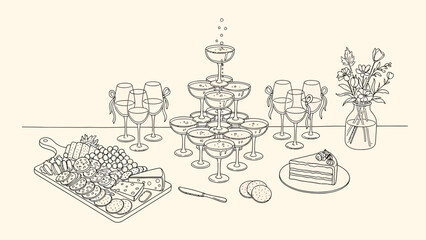 An elegant line drawing of a celebration table featuring a champagne tower, a charcuterie board, and a slice of cake. © SAI CREATIVE