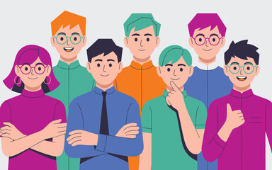 A diverse group of seven professional corporate people, including men and women, standing together in a collaborative team, smiling happily with confident expressions; a modern flat vector illustratio