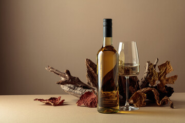 White wine and snags on a beige background.