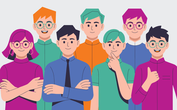 A diverse group of seven professional corporate people, including men and women, standing together in a collaborative team, smiling happily with confident expressions; a modern flat vector illustratio