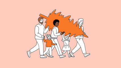 Fototapeta premium A diverse family or group of friends carrying a large orange Christmas tree together, walking against a light pink background in a minimalist line art style.