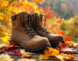 Pair of brown leather hiking boots atop wooden surface with fallen autumn leaves