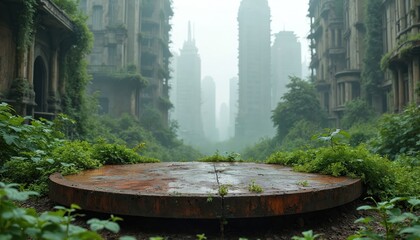 Rusty platform rests in overgrown city ruins. Overgrown vegetation covers abandoned buildings. Nature reclaims desolate urban landscape, showing survival and resilience.