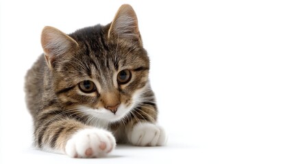 A curious grey striped cat is playfully crawling forward. Its big beautiful eyes express playful intent. This image captures a moment of feline curiosity. Cute and heartwarming. AI.