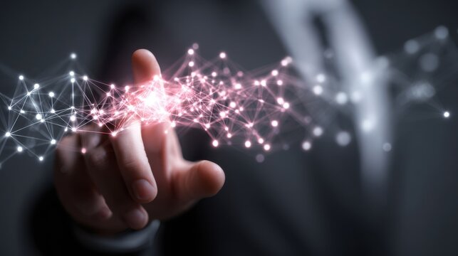 Person touching abstract digital network of lights