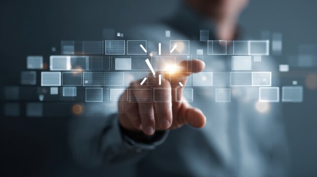 Person touching futuristic interface with clock elements