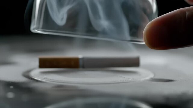 Hand Lifts Glass Dome to Reveal Smoking Cigarette on Surface