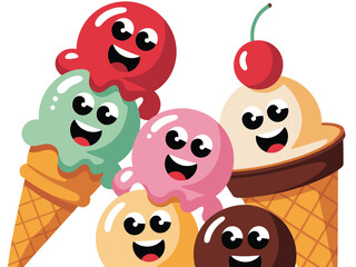Delicious, sweet, and cheerful vector illustration featuring a huge variety of colorful, smiling cartoon ice cream scoops stacked high in crispy waffle cones, representing fun summer treats, happiness