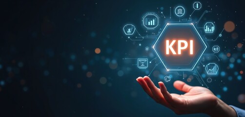 Human hand presents virtual interface with glowing KPI data. Business person analyzes key performance indicators on digital screen for strategic insights. Tech concept helps project management,