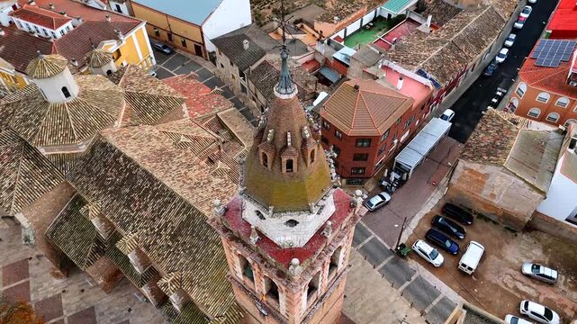 Drone orbit around church in Tarazona de la Mancha Spain