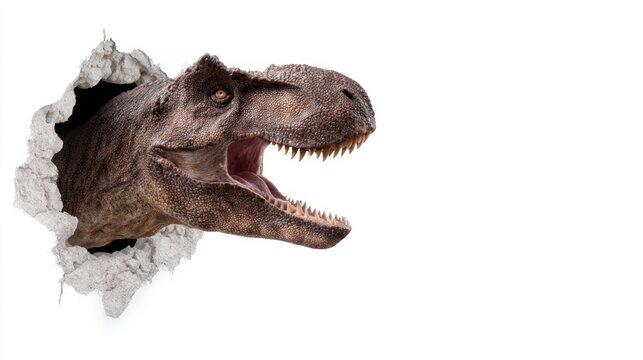A massive dinosaur head bursting through a wall displays the fierce and powerful nature of this extinct creature. A fun and imaginative concept for educational or entertainment purposes. AI