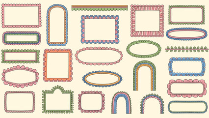 A collection of decorative, colorful, and whimsical frames and borders with scalloped edges and playful patterns.