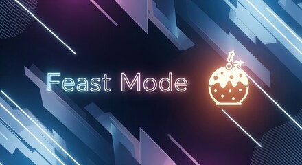 Feast Mode Neon Glowing Text with Christmas Pudding Icon on Dark Abstract Background, Holiday Celebration Concept