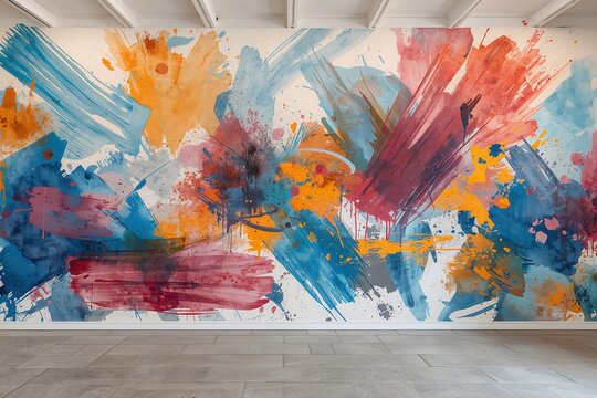 Vibrant abstract painting adorns a room's wall, a dynamic blend of brushstrokes and colors.