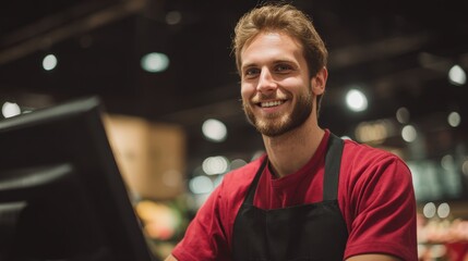 Fototapeta premium Smiling Supermarket Cashier in Red Shirt and Black Apron with Warm Lighting