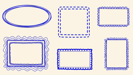 Collection of six hand-drawn blue doodle frames and borders with various decorative styles on a light background, perfect for design elements.