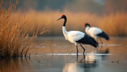 Fototapeta premium Two red-crowned cranes stand in calm water. Birds look for food in wetland area. Crane couple rests in wild environment. Habitat provides shelter and resources for many species.