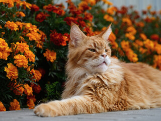 A red Maine Coon cat lying in a garden and looking off in to the distance. Close up.
