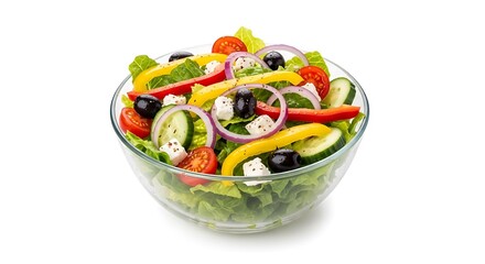 A bowl of fresh greek salad isolated on white background