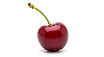 A single ripe red cherry with a green stem isolated on white background