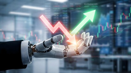 A robotic hand in a business suit holds a holographic arrow showing a financial rebound from a red decline to a green upward trend, symbolizing market recovery.