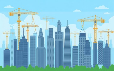 Modern cityscape under construction with cranes and skyscrapers
