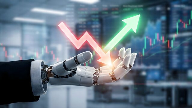 A robotic hand in a business suit holds a holographic arrow showing a financial rebound from a red decline to a green upward trend, symbolizing market recovery.