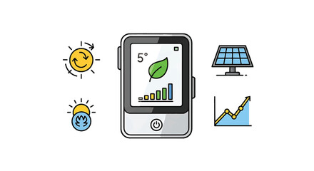 Digital device displaying environmental data with solar energy and weather icons