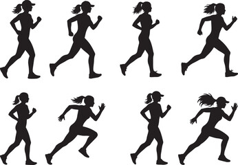 Female runner silhouettes in various running poses on white background woman